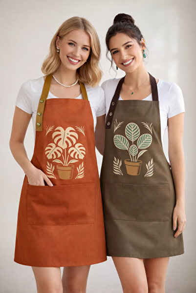 Hulganz Kitchen Apron Set of 2 Stain Resistant Water Repellent Fabric Fade Resistant Print Monstera Calathea Plants Apron