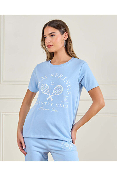 REDTAG Women Blue Printed Casual T-Shirt