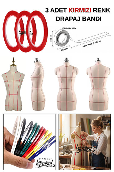 Manken İstanbul 3 Adet Kırmızı Renk Profesyonel Drapaj Bandı – Dikişte Mükemm...