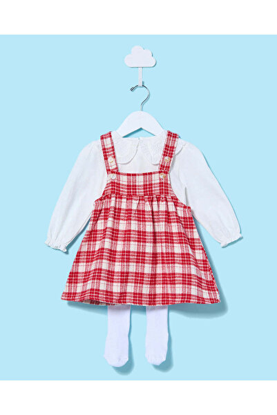 REDTAG Infant Girls White And Red Checked Dress With Stockings (3 Piece)