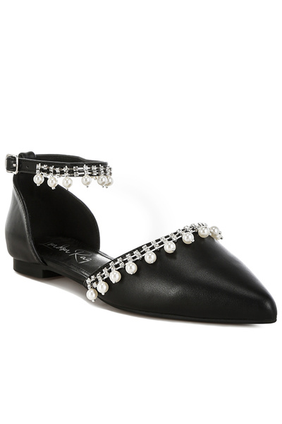 london Rag Women Rhinestone & Pearl Ankle Strap Flat Sandals in Black