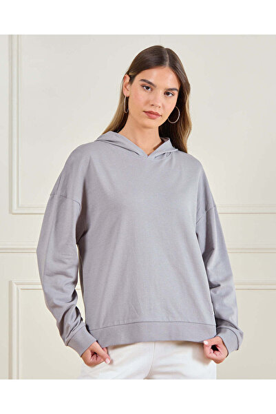 REDTAG Women Grey Hooded Sweatshirt