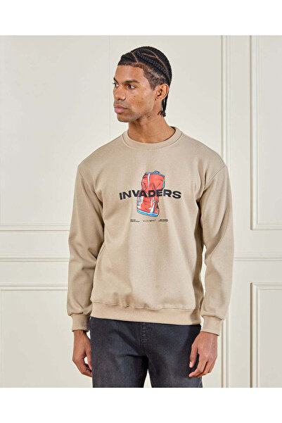 REDTAG Men Beige Bonded Crew Neck Sweatshirt