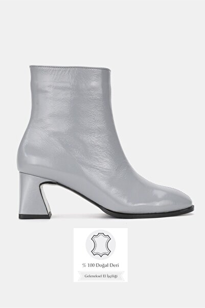 TUNAELLİ Women's Gray Patent Leather Genuine Natural Leather Size 35-41 Thick Heel Square Toe Boots & Booties