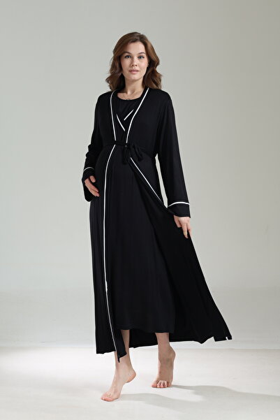 Lohusa Homewear Kadın Siyah Uzun Kollu Tam Boy Özel Tasarım Şık Lohusa Hamile Gecelik Sabahlık 2'li Set