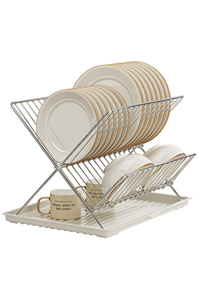 Sinyin Foldable 2-Tier Kitchen Dish Drying Rack Stainless Steel with Drain Tray (37x29x26cm)