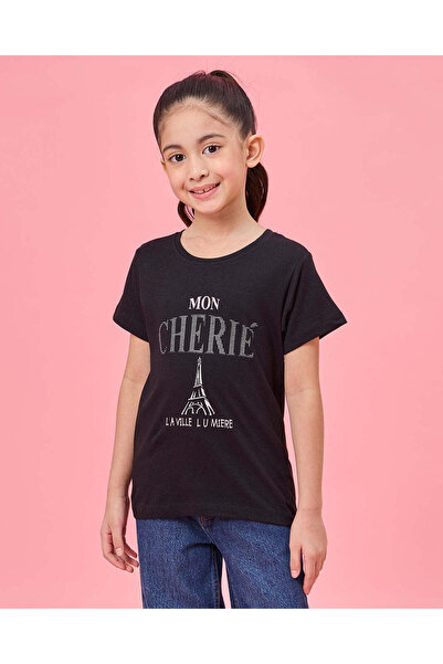 REDTAG Girls Black Printed T-Shirt