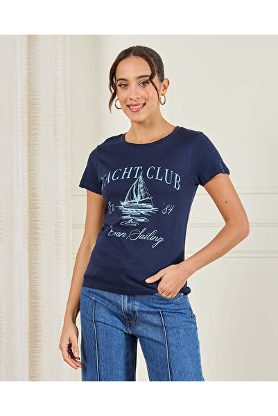 REDTAG Women Navy Printed T-Shirt