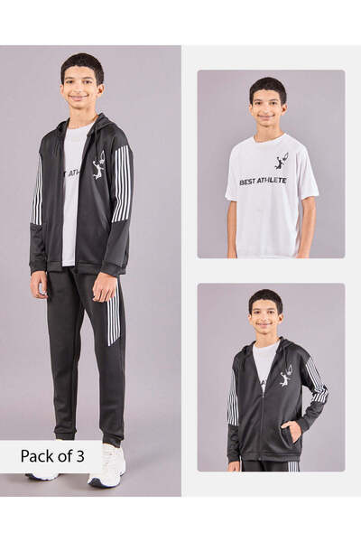 REDTAG Senior Boys Black And White Printed Jogger Set (3 Piece)