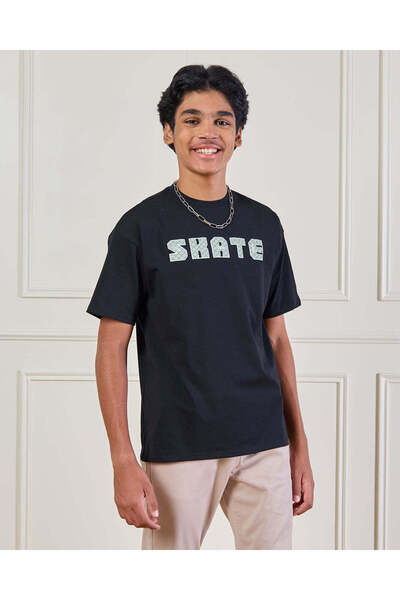 REDTAG Senior Boys Black Crew Neck T-Shirt