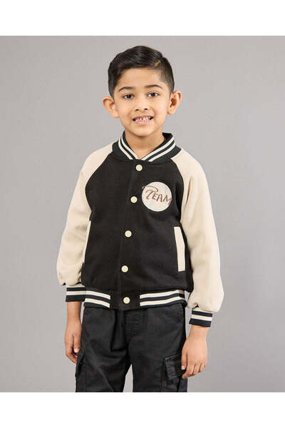 REDTAG Boys Black Varsity Button Front Sweatshirt
