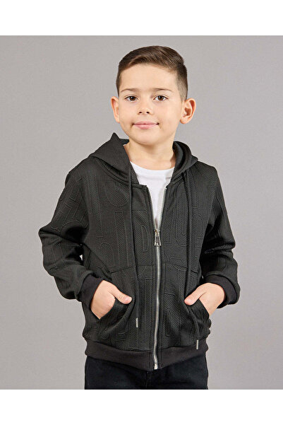 REDTAG Boys Black Hooded Sweatshirt With Front Zip
