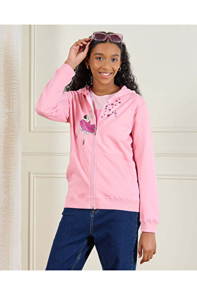 REDTAG Senior Girls Pink Print Hooded Sweatshirt