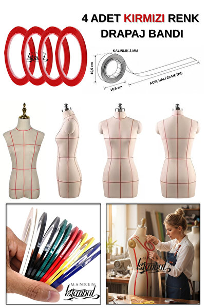 Manken İstanbul 4 Adet Kırmızı Renk Terziler İçin Drapaj Bandı – Kalıp Çıkarm...