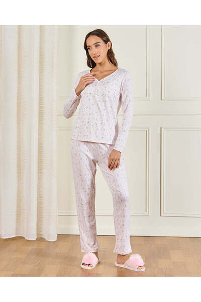 REDTAG Lace Trim V-Neck A/O Aop Pajama Set