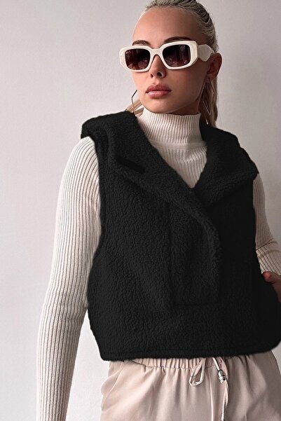 Trend Alaçatı Stili Kadın Siyah Yarım Pat Ceket Yaka Peluş Kapüşonlu Yelek VS00942