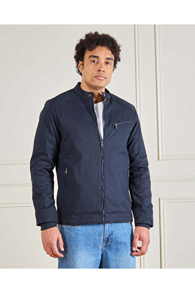 REDTAG جاكيت رجالي أزرق داكن للدراجات النارية ببطانة من الفرو الصناعي