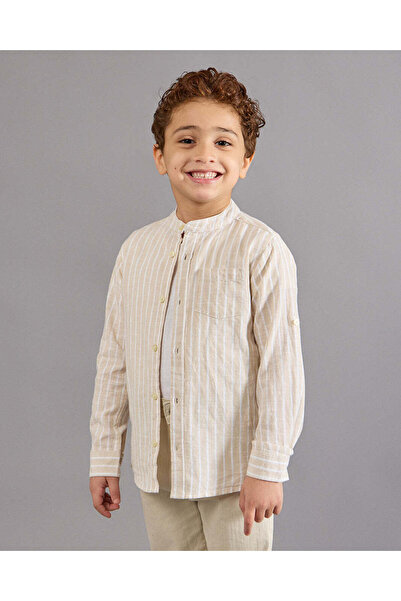REDTAG قميص بيج للأولاد بياقة ماندرين وجيب أمامي