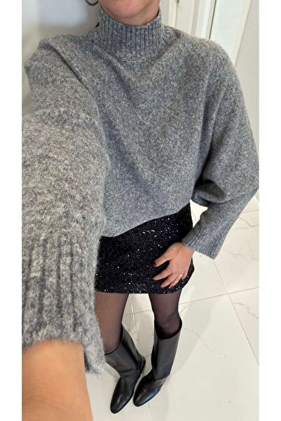 BİRCANÇİL Roza Gray Batwing Sleeve Turtleneck Knitwear