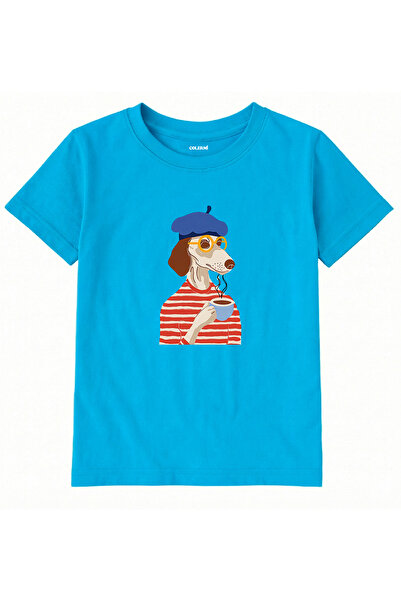 Colermi Cotton Fabric Children's T-Shirt – Dog Drinking Coffee in Beret Printed