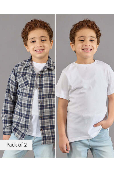 REDTAG Boys Navy And White Casual Shirt With T-Shirt (2 Piece)