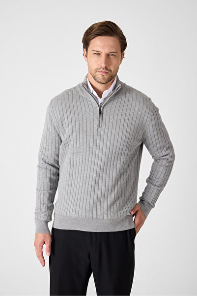 Frappoli سترة رومولو للرجال من القطن باللون الرمادي الفاتح الإيطالي F قماش مجدّل بسحاب نصفي D ياقة مرتفعة متوسطة الطول ذات مقاس عادي