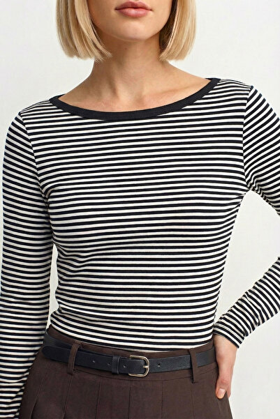 VODENS Black Striped Boat Neck Long Sleeve Top 100% Cotton