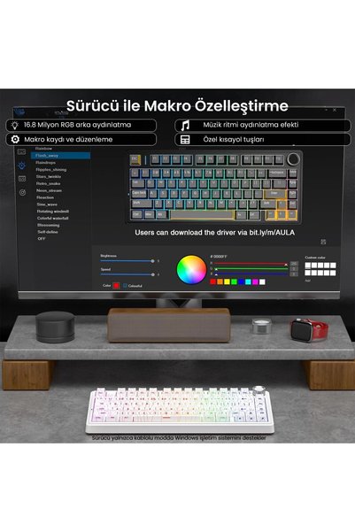 Aula F75 Mekanik RGB TKL Seiya Switch Kablosuz Makrolu Hot Swap Gaming Klavye Desenli Beyaz