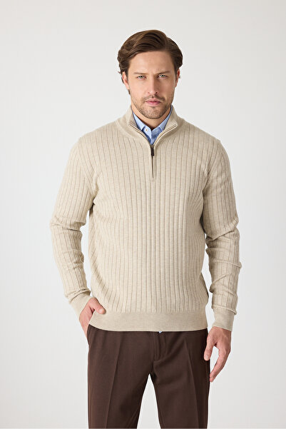 Frappoli Pulover pentru bărbați Romulo, bej, din bumbac, italian, F material reiat cu jumătate de fermoar, D guler ridicat, cu croială normală