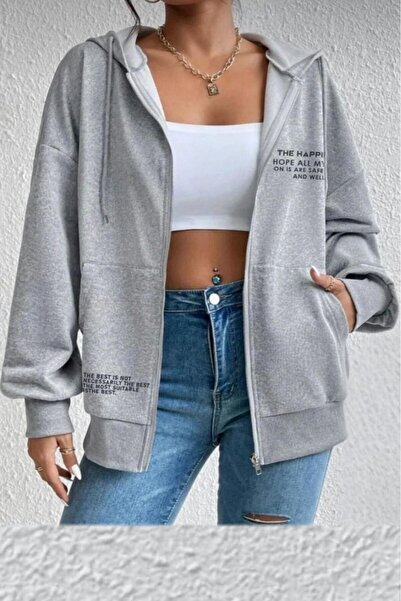 NO 601 Women's Grimelange Happiest Printed Hooded Zipper Cardigan