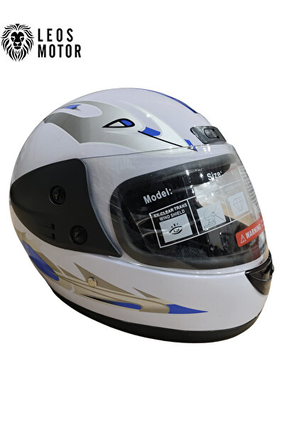 LEOS MOTOR -FULL FACE KASK-İTHAL-BEYAZ MAVİ DESENLİ-DERİ BOYUNLUKLU-