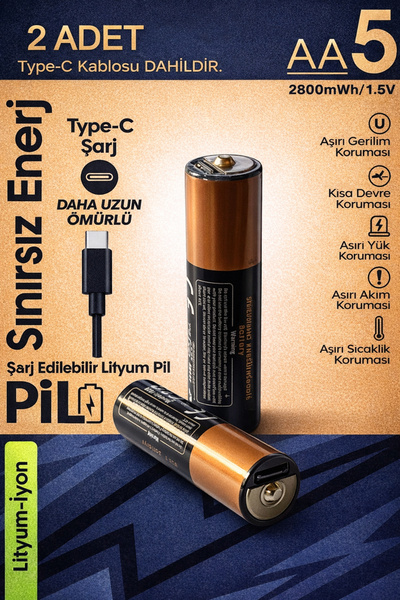 Ecuy Şarj Edilebilir Kalem Pil USB Type-C Kablo İle Kolay Şarj Edilebilir 2'li Lityum AA Pil 2800mWh/1.5V