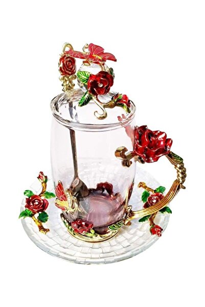 HALAMODO كوب زجاجي أنيق مع غطاء وملعقة وصحن متعدد الألوان