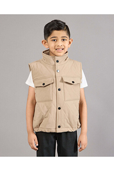 REDTAG Boys Beige Sleeveless Jacket With Pockets