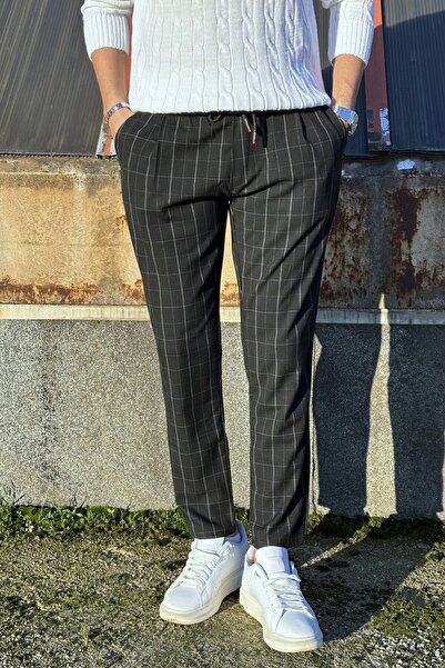 inpool Men'S, Plaid Pattern, Summer-Spring Season, Elastic Waist, Pleated Detail, Fabric Pants 25Inp199Kduz