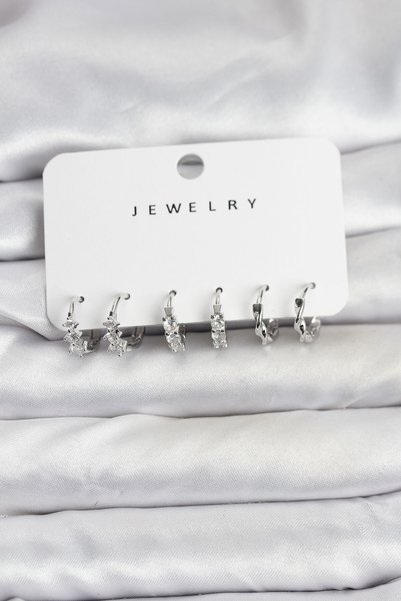 Toptan Bulurum Brass Silver Color Zircon Stone Women's Earring Set