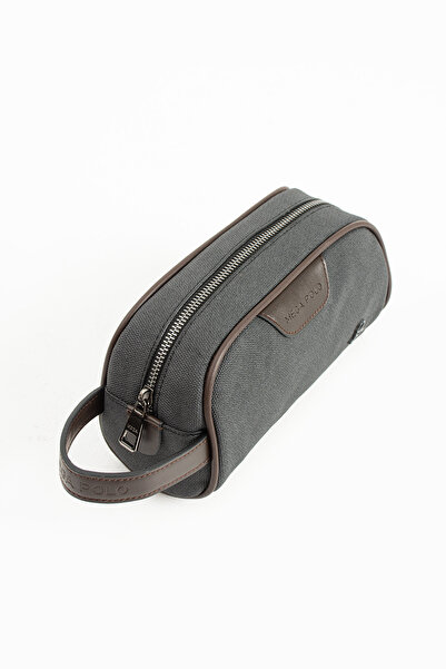 H&D COLLECTİON Mega Polo Men's Black Vegan Canvas Leather Portfolio Shaving Handbag