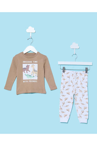 REDTAG طقم بيجاما للأطفال الرضع من الأولاد، بنقشة حيوانات، لون بيج (قطعتان)