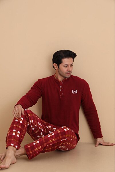 STELLAPİNK Red and White Plaid Patterned Fleece Men's Pajama Set