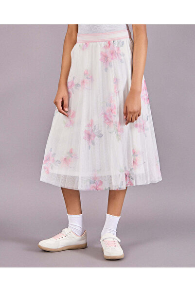 REDTAG Senior Girls White Floral Pleated Mesh Skirt