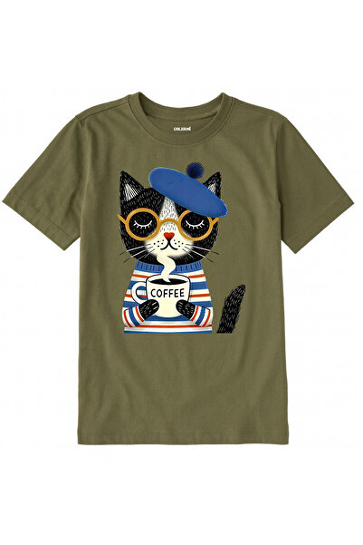 Colermi Cotton Fabric Children's T-Shirt – Cat Holding a Coffee in a Beret Pr...