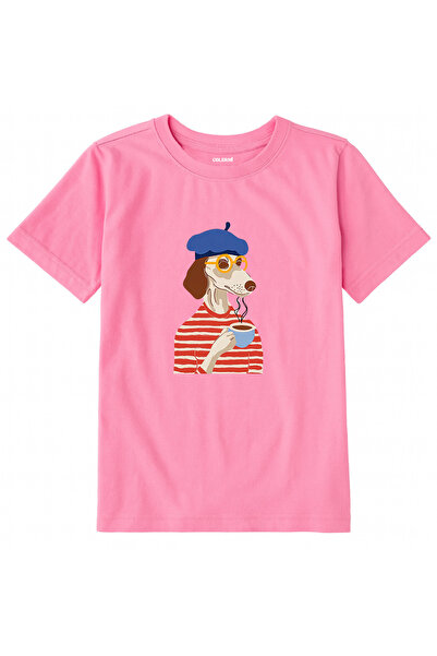 Colermi Cotton Fabric Children's T-Shirt – Dog Drinking Coffee in Beret Printed