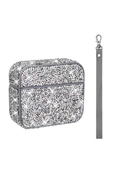 HTstore سماعات أذن متوافقة مع إيربودز 3. حافظة نيسيل زور إيرباج 45 شفافة لامعة مع حزام معصم - فضي