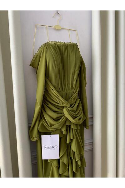 RWETA فستان أخضر زيتوني سهرة بتصميم أوف شولدر