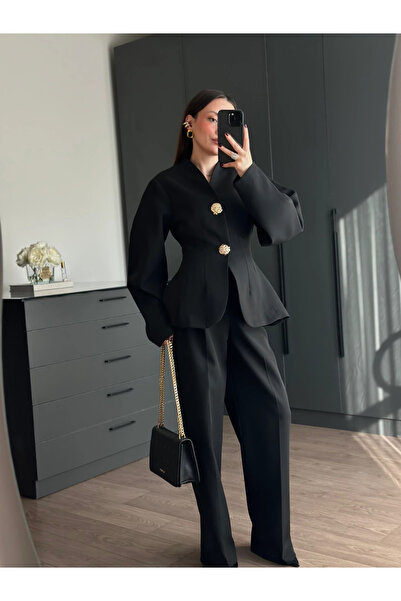 My Blog Black Gold Button Detailed Waist-Fitted Suit - 2025186