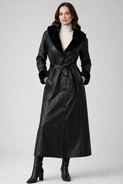 benguen Coat with Fur Detail on Collar and Sleeves O9151 Black