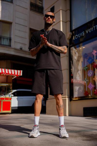 Pobudo Black Color Crew Neck Basic T-Shirt and Shorts Set