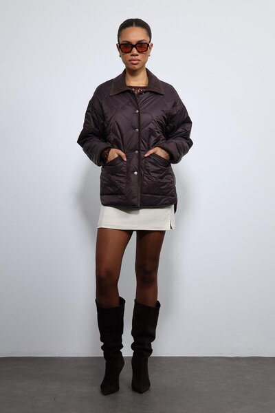 Antioch Brown Contrast Collar Patterned Coat