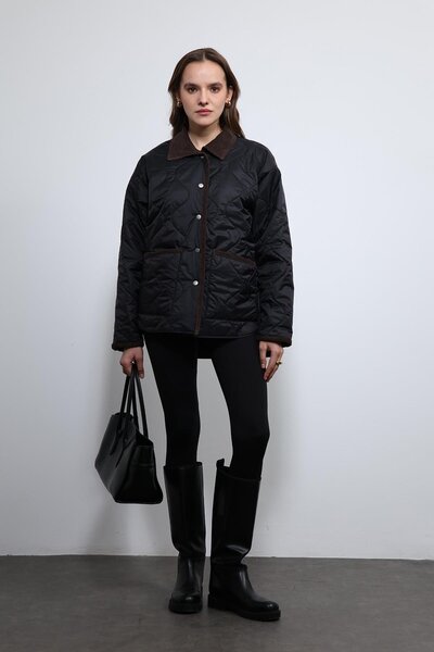 Antioch Black Contrast Collar Patterned Coat