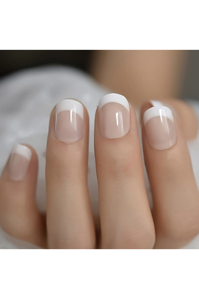 Choice أظافر صناعية قصيرة مربعة الشكل، وردية اللون، 24 قطعة، بحواف بيضاء فرنس...